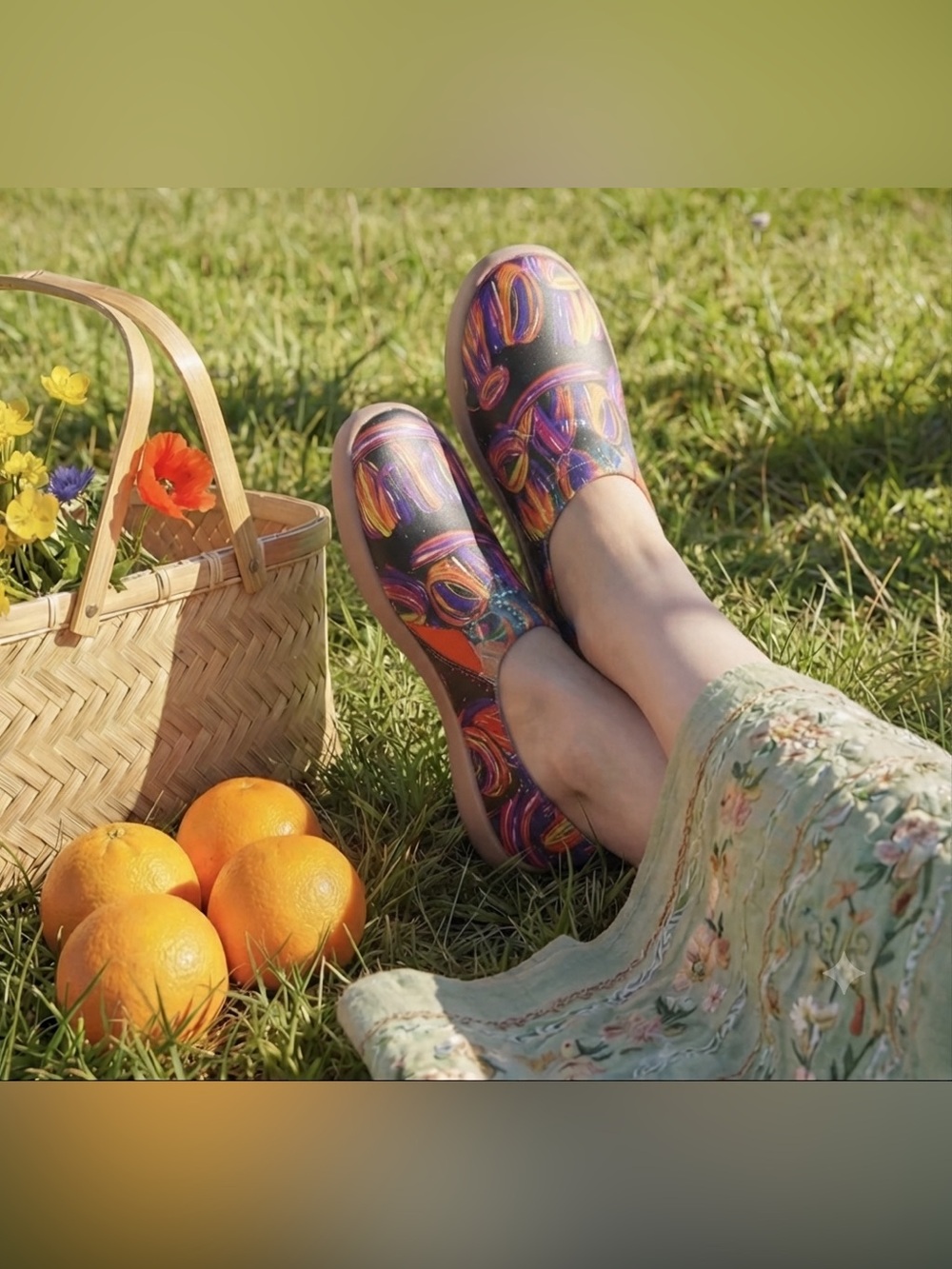 UIN Black Slip-On Shoes with Orange and Purple Swirl